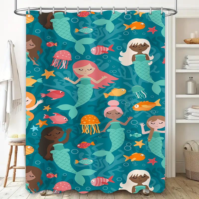 Mermaid Tail Shower Curtain Children's Bath Decor Waterproof Fabric Blue Ocean Life Print Home Bathroom Decoration