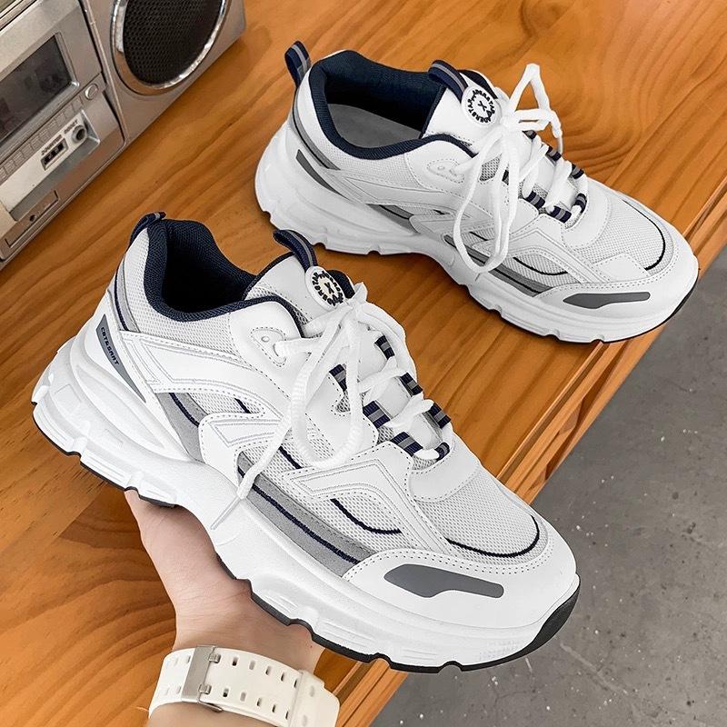 Men White Grey Mesh Platform Dad Sneakers, Lace Up Breathable Thick Sole Comfort Outdoor Trendy Casual Sports Shoes