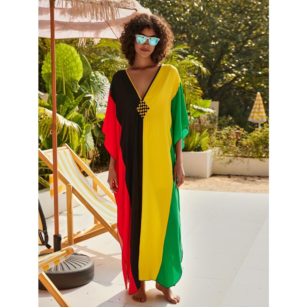 Платье с V-образным вырезом с цветными блоками, платье макси с рукавами «летучая мышь» в стиле бохо, женская одежда