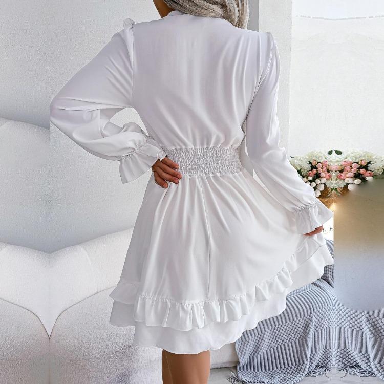 Summer Women Dress High Waist Big Swing Solid Color Lace Up Wooden Edge Elegant Fashion