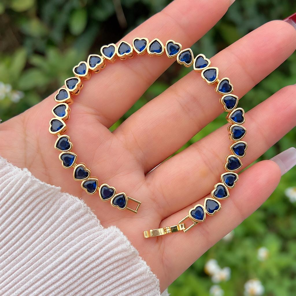 18K Gold Plated Copper Heart Zircon Bracelet Multicolor Tennis Chain Clean Setting for Boutique Custom Jewelry Supply
