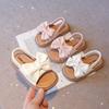 Fashion Summer Girl's Sandals Big Bowtie Pink Beige Pu Leather Holiday Kids Sliders Elastic Band Open Toe Leisure Comfy Children Shoes