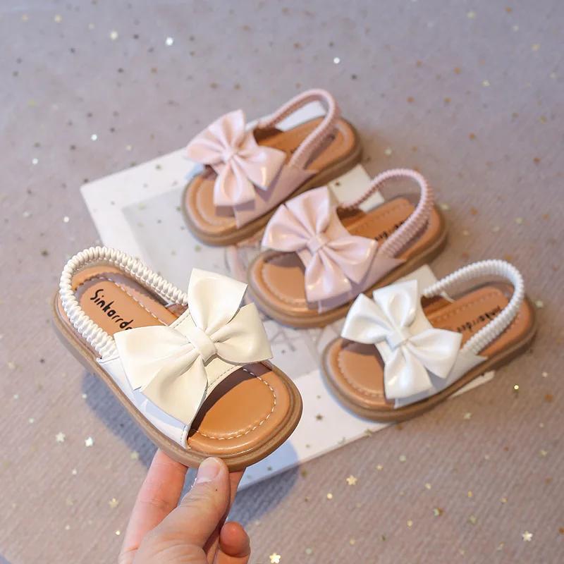 Fashion Summer Girl's Sandals Big Bowtie Pink Beige Pu Leather Holiday Kids Sliders Elastic Band Open Toe Leisure Comfy Children Shoes