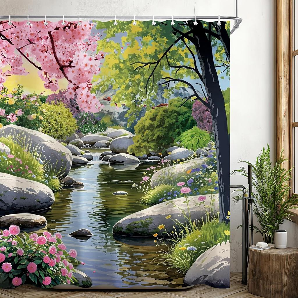 Boho Vintage Flower Shower Curtain Sets For Bathroom Retro Floral Shower Curtain Rustic Country Polyester Bathtub Curtain