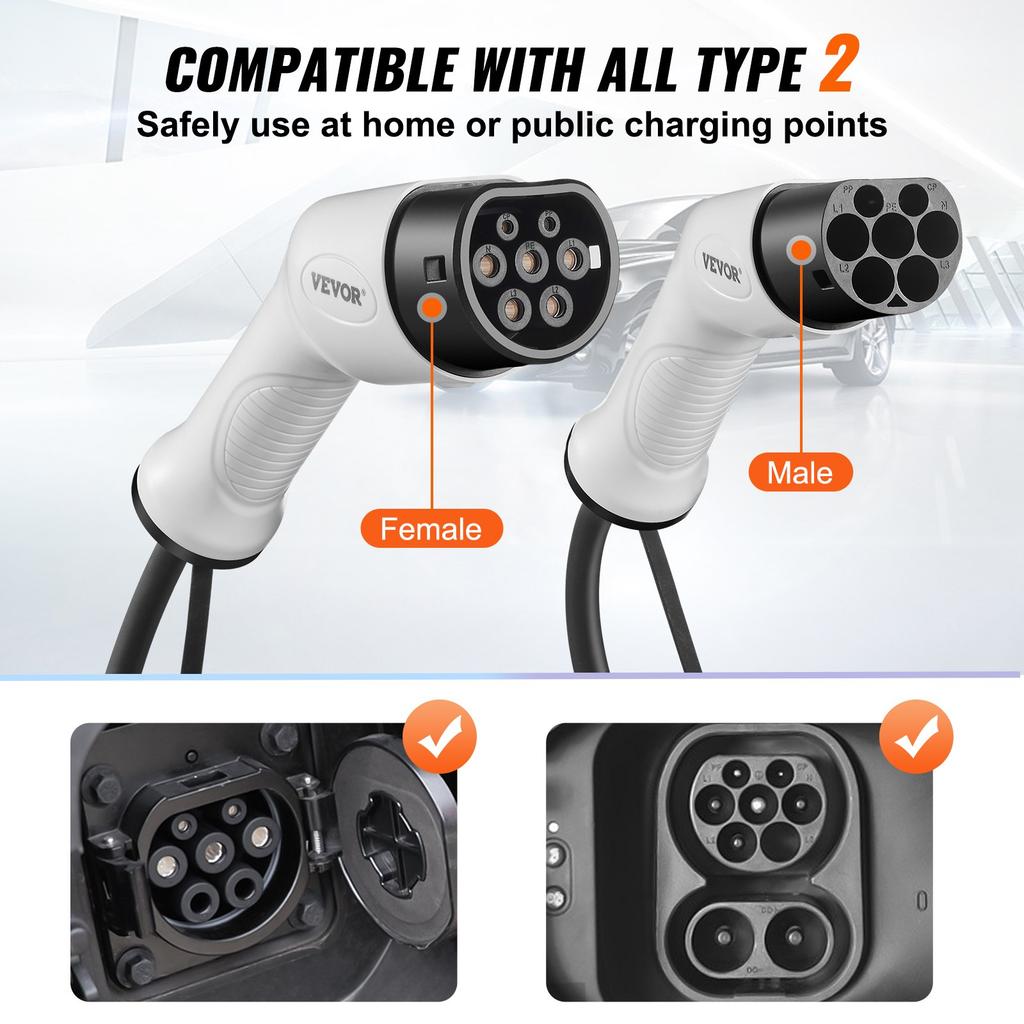 VEVOR Type 2 to Type 2 EV Charging Cable, 32Amp, 22kW 7 Meters Three Phase Electric Vehicle Car Charging Cable, IP66 Waterproof w Carry Bag