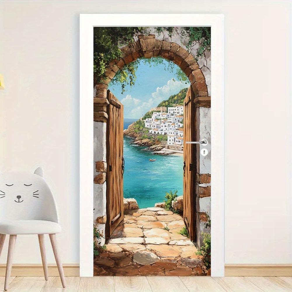 Дверные наклейки в тематике голубого океана с дизайном каменной арки и обоями с средиземноморским пейзажем, подходящие для домашнего декора.