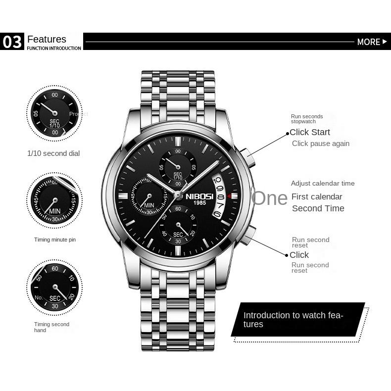 Часы NIBOSI Деловые мужские часы Многофункциональные шестиконтактные кварцевые часы