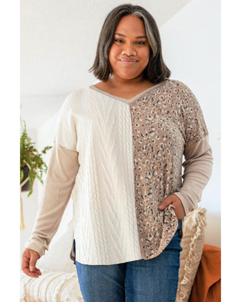 Azura Exchange Leopard Patchwork Mix Knit Long Sleeve Top