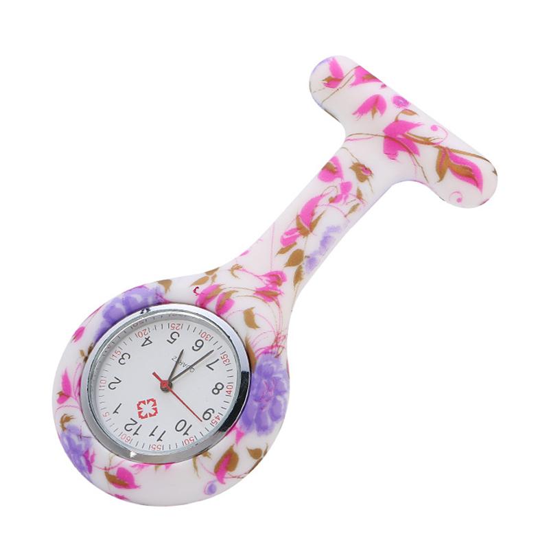 Часы-клипса с круглым силиконовым ремешком-брошью для медсестры унисекс с цветочным принтом на лацкане