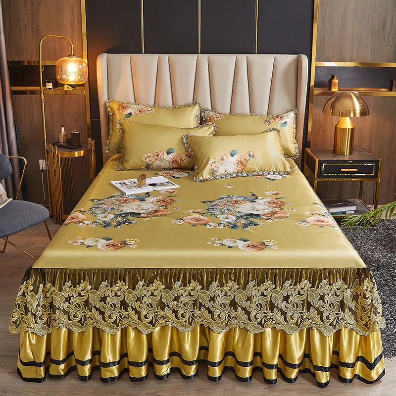 Модный домашний текстиль простыня на резинке летняя юбка для кровати цельное кружевное покрывало в стиле принцессы из ледяного шелка (комплект из трех частей) покрывало для кровати, пригодное для машинной стирки