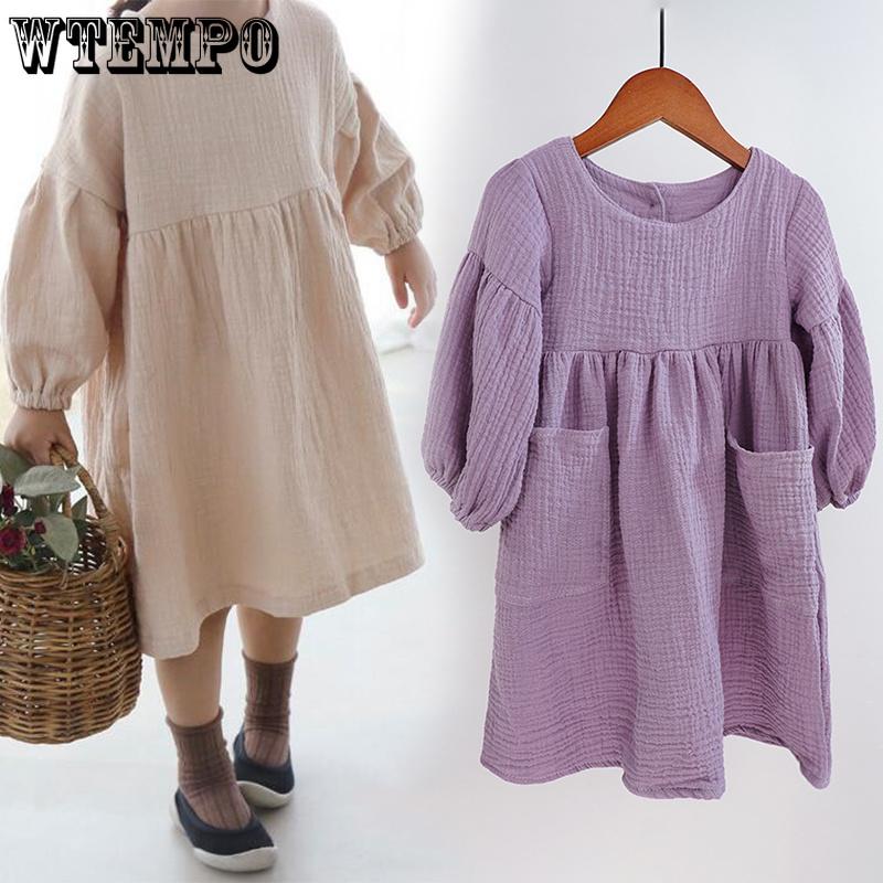 Autumn Spring Children's Clothes Organic Cotton Double Gauze Loose Pockets Baby Girls Dress Fashion Princess Casual Kids Dresses