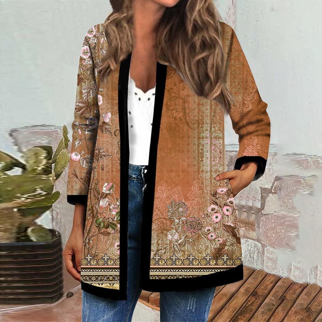 Women's Fall And Winter Fashion Casual Printed Long Sleeve Mid-Length Cardigan Jacket