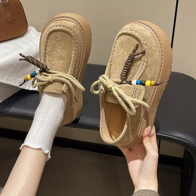 Этнический стиль модные одинарные туфли женские 2025 осень новые матовые на шнуровке литературные ретро на толстой подошве с мелким вырезом лоферы женские