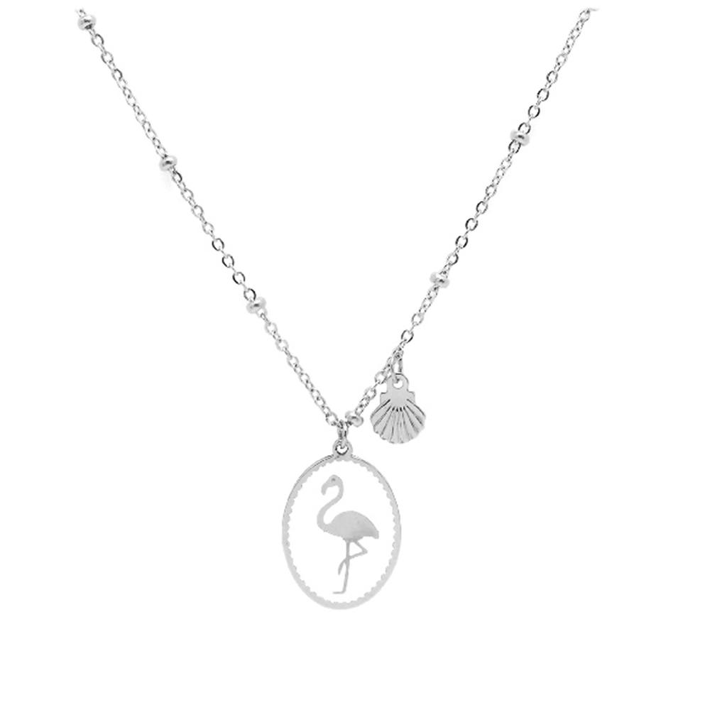 Les Trésors De Lily [Q2505] - Silver White 'Pink Flamingo' Steel Designer Necklace - 16x12 Mm
