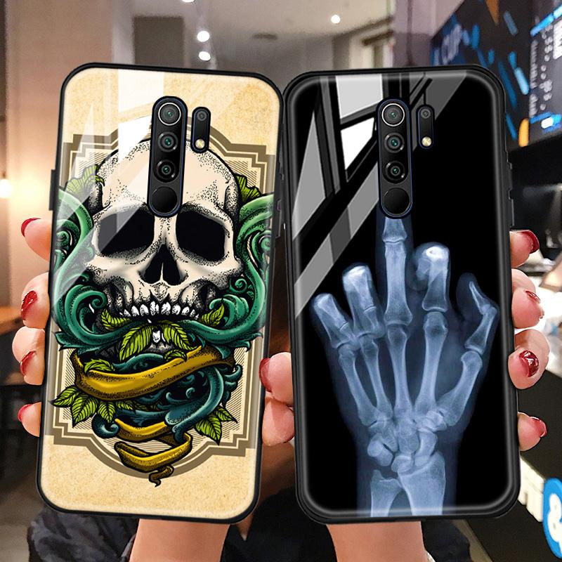 Redmi 9 Case Skull Skeleton Glass Case For Xiaomi Redmi 9 C 9C NFC 9A 8A 8 7A 7 Mi 9T Pro 9 Lite 8 SE Tempered Glass Hard Cover