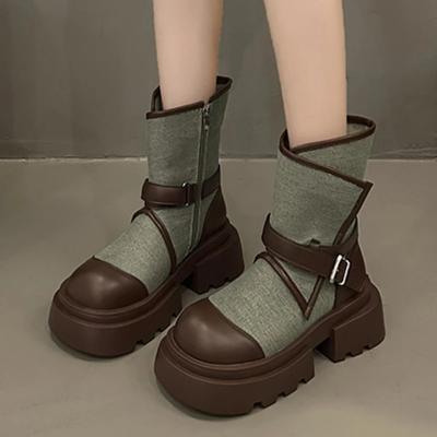 Мода 2024 Женская обувь Боковая молния Женские ботинки Осень Круглый носок Комбинированные цвета Короткое голенище Платформа Массивный каблук Женские ботинки