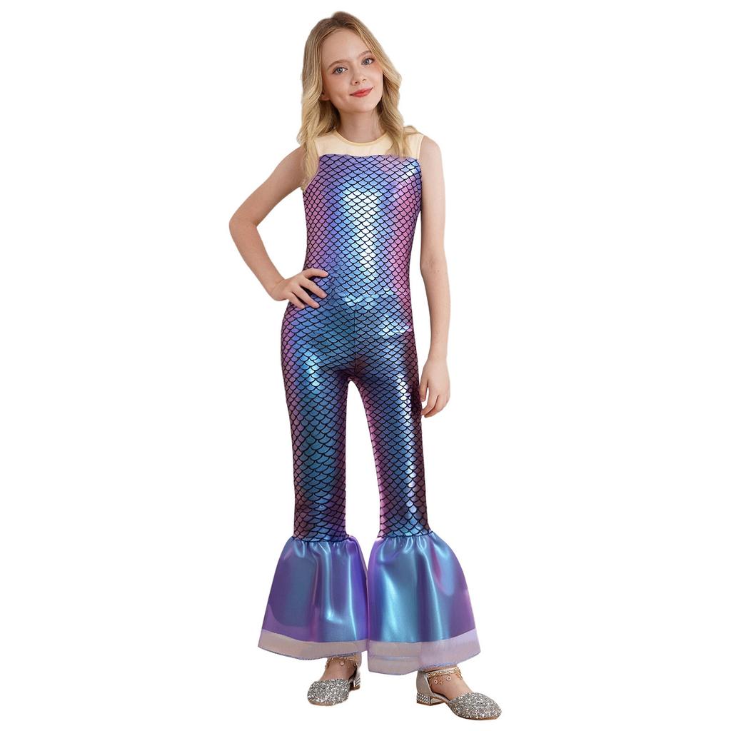 All-in-One Mermaid Halloween Outfit for Kids Girls: Playful Fish Scale Jumpsuit, Easy to Wear for Instant Transformation