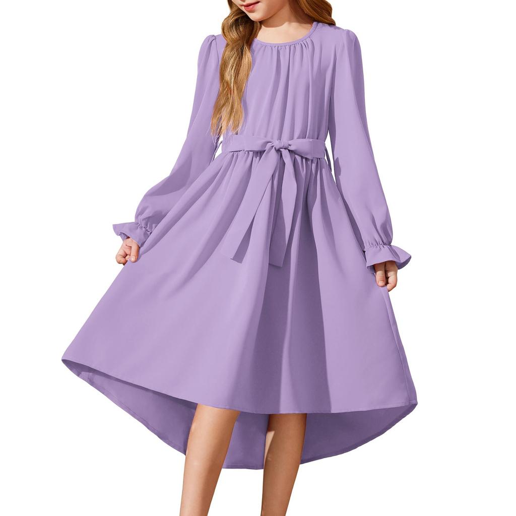 Girls' Long Sleeve Dress Belted Semi-Formal Party Dress