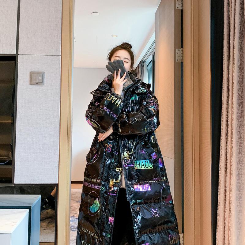 Autumn And Winter Black Bright Face Down Cotton Coat Women's Mid Length Thick Cotton Coat Over Knee