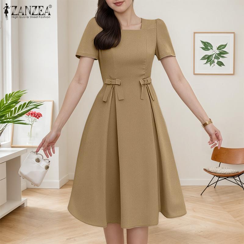 ZANZEA Женское повседневное летнее платье А-силуэта с квадратным вырезом и короткими рукавами