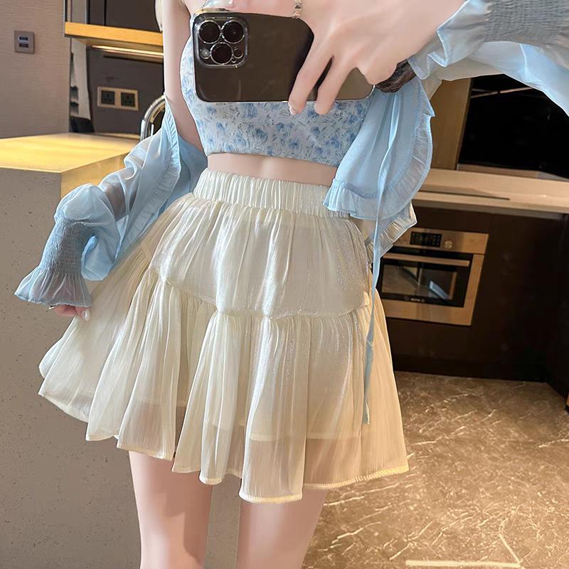 Summer Sweet Mesh Mini Skirt Women Fairy Flowing Gauze High Waist Slimming Solid Color Fluffy Pleated Short Skirts