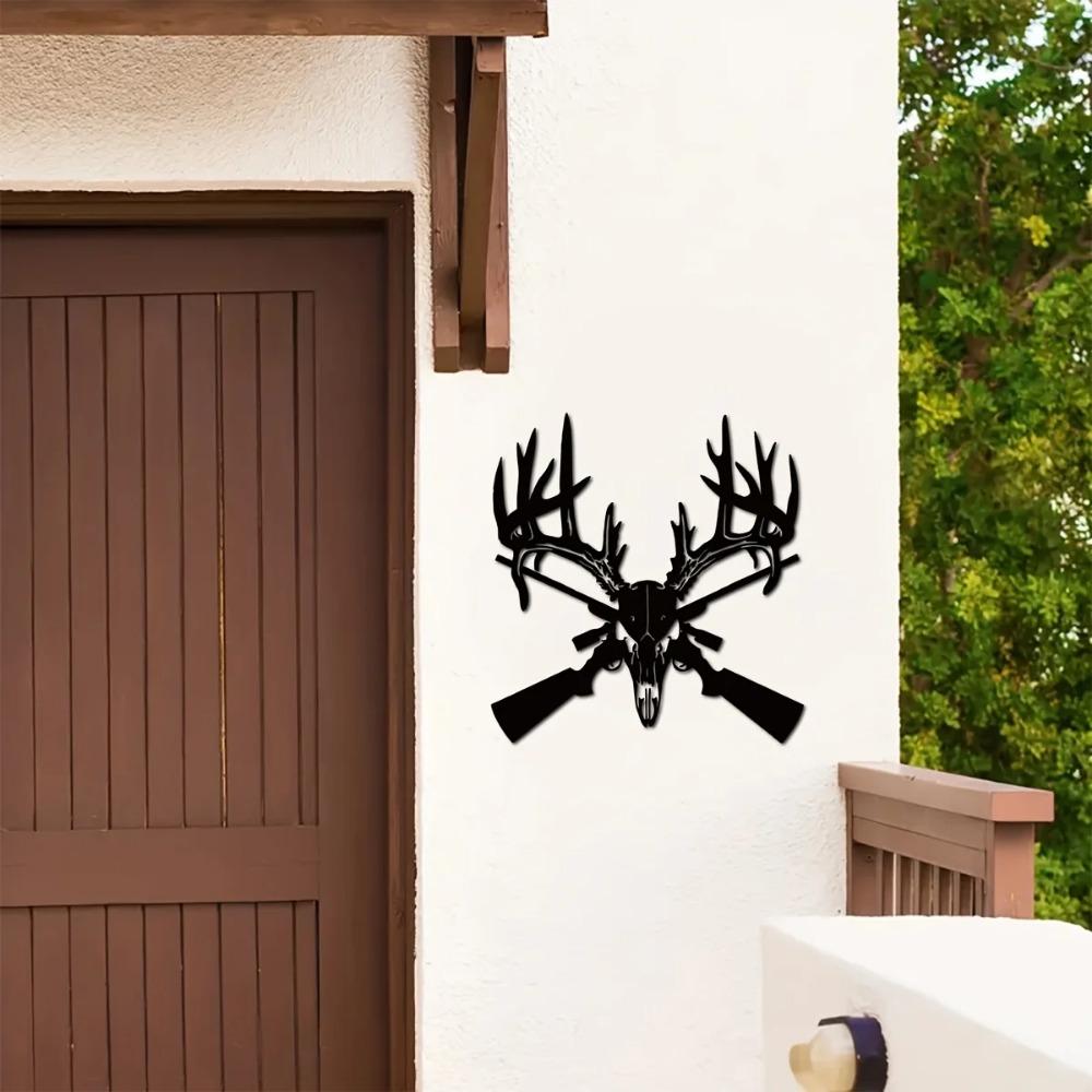 1 шт. Металлический знак «Олень с черепом и пистолетом» — стильный декор для мужской пещеры и гаража, охотничья тематика, металлическое искусство, идеальный подарок для него