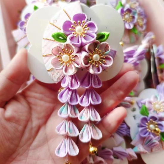 Заколка для волос в стиле веера с цветами, колокольчиками, декором из искусственного жемчуга, японское кимоно, старинная заколка для волос, аксессуары для волос