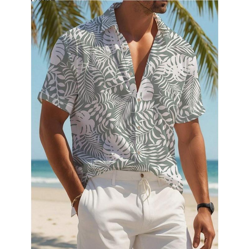 Men's Plant Print Vacation Style Short Sleeve Button-Down Shirt Outdoor Vacation Beach Summer Turndown Tee Spandex Hawaii Shirts