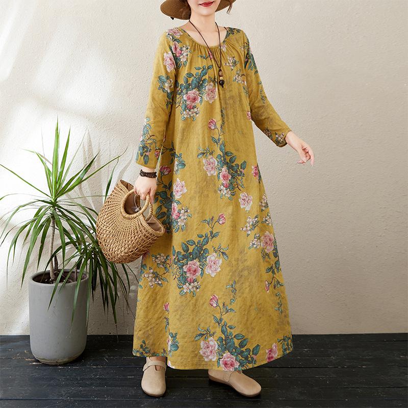 Осеннее литературное платье больших размеров с принтом, свободным круглым вырезом и длинными рукавами для женщин, платья