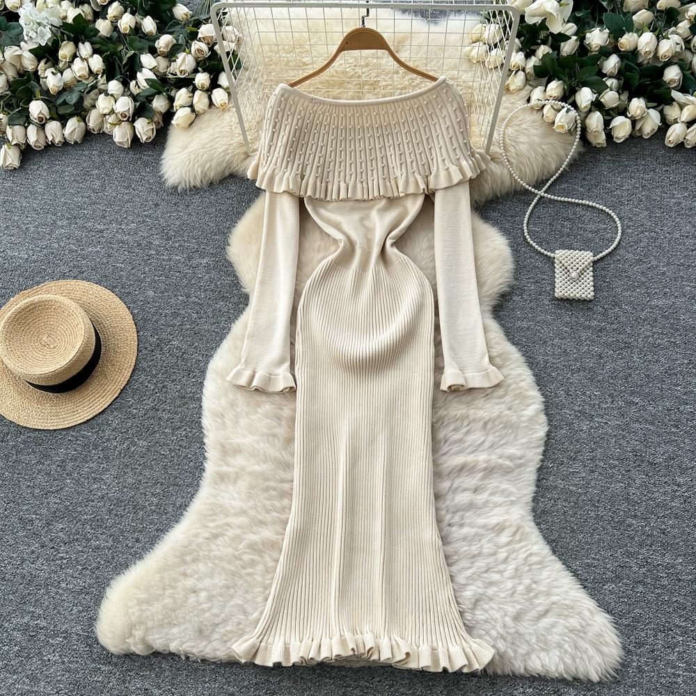 Autumn Winter Women Elegant Slash Neck Off Shoulder Beading Knitted Sweater Long Midi Christmas Party Dresses