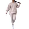 2 Pcs/Set Women Top Pants Suit Round Neck Long Sleeve Slit Hem Sweatshirt Elastic Waist Solid Color Slim Fit Trousers Winter Daily Wear Outfit