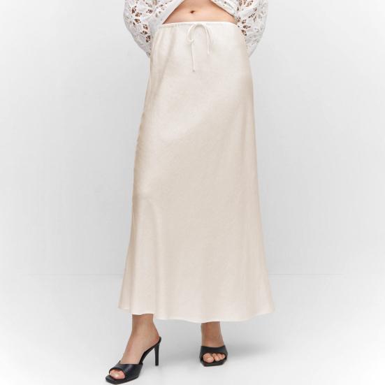 Women Skirt Silky Satin High Waist Drawstring Elastic Solid Color Ankle Length A-line Soft Breathable Casual Lady Maxi Skirt