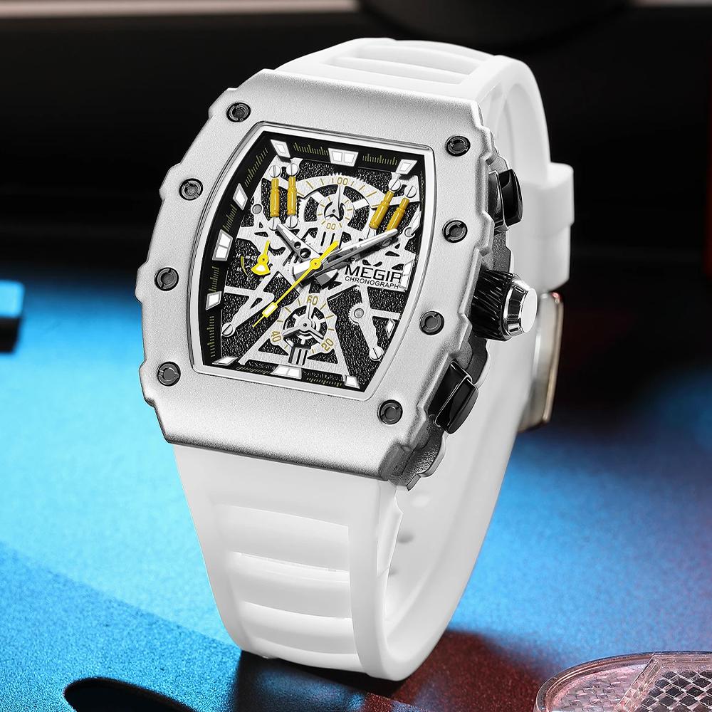 Часы-хронограф мужские повседневные водонепроницаемые светящиеся спортивные аналоговые кварцевые наручные часы с циферблатом-бочкой и силиконовым ремешком автоматическая дата