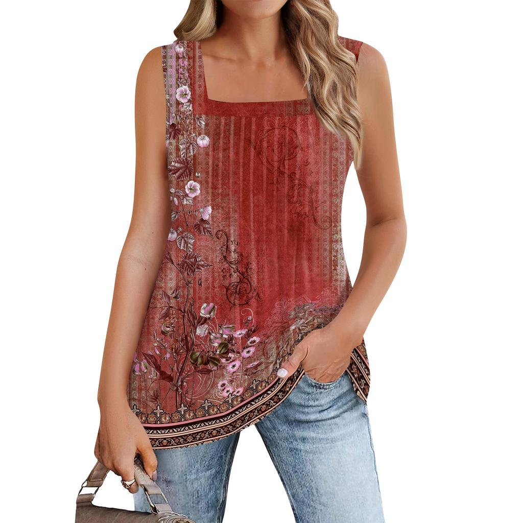 Майка для женщин Летние наряды Без рукавов Блузки с принтом Повседневные свободные рубашки Плиссированные квадратные вырезы