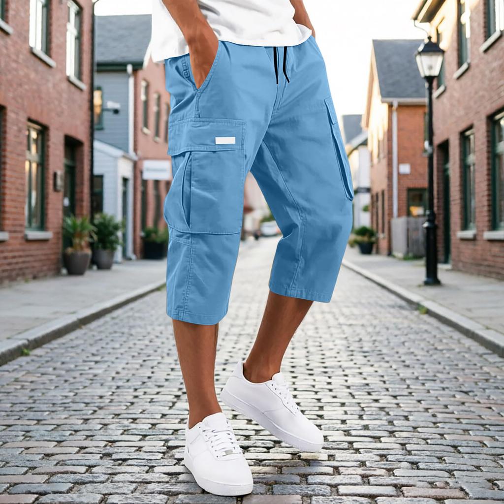 Men’s Drawstring Cargo Pants Multi Pocket Relaxed Fit Seven Quarter Length Casual Trousers for Daily Wear Outdoor Activities