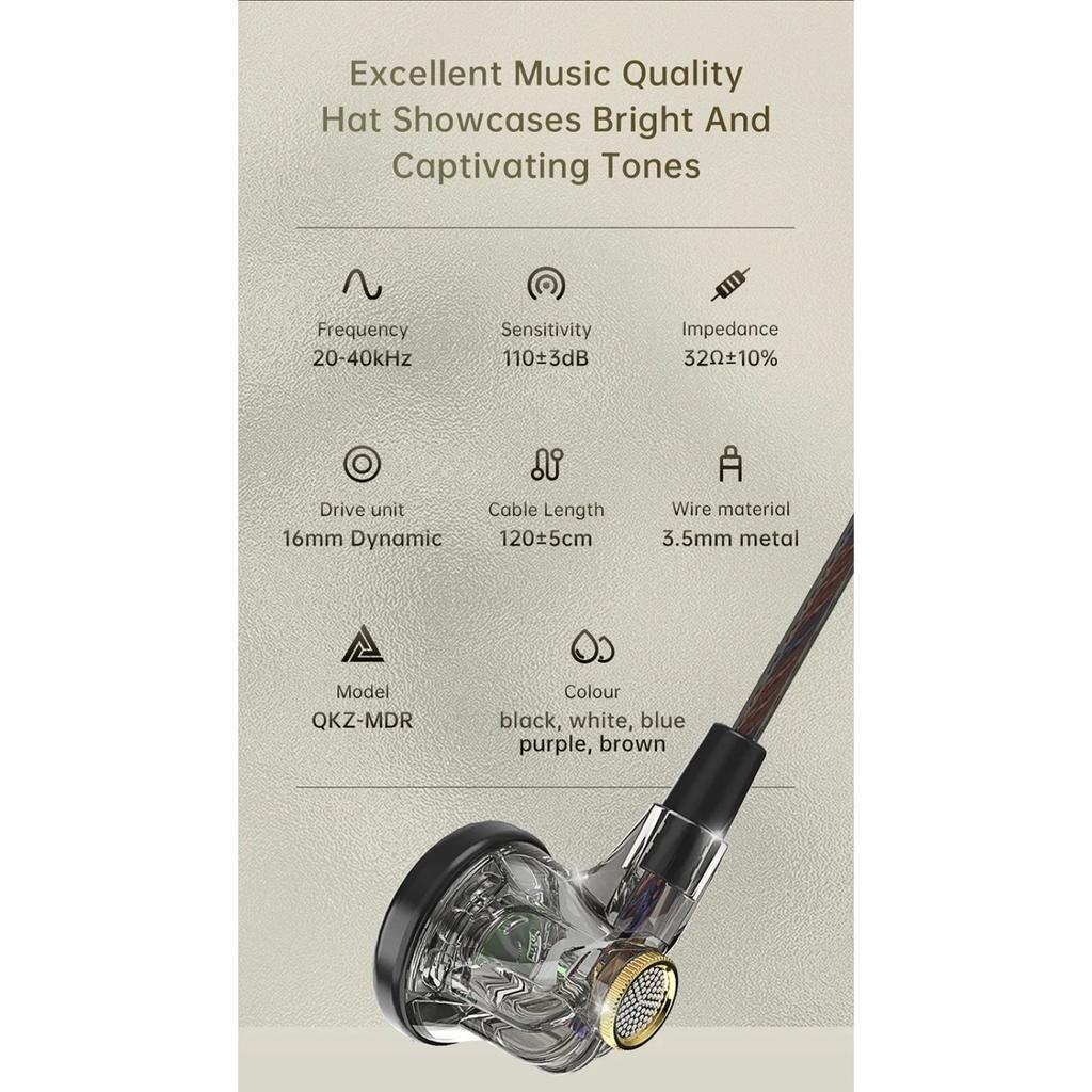 QKZ MDR Flat-Head Headphones 16MM Large Dynamic HIFI Bass Sport Earbuds Music Wired Earphones 3.5MM AUX Headset In Ear with Mic