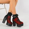 Gothic Vintage Lace Red High Heel Ankle Boots with Platform Sole Ankle Strap Women Boots for Dressy Occasions