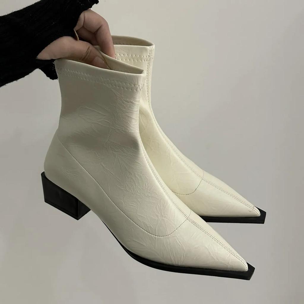 Осенне-зимние женские ботильоны с острым носком, тонкие ботинки, женские короткие ботинки на квадратном низком каблуке, повседневная женская обувь