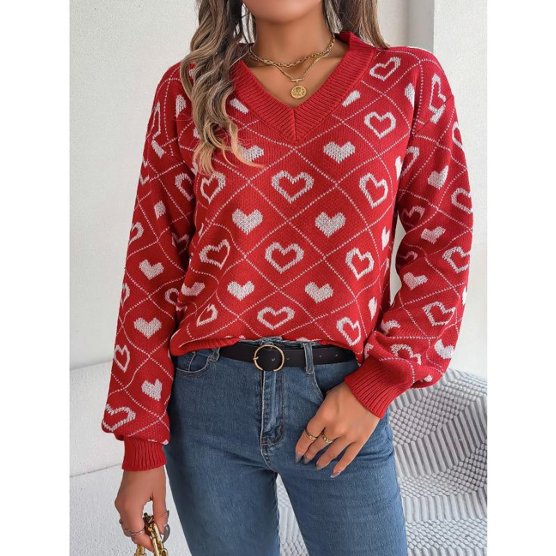 Women's Autumn and Winter Sweet Color Collision Love Lantern Sleeve Pullover Sweater