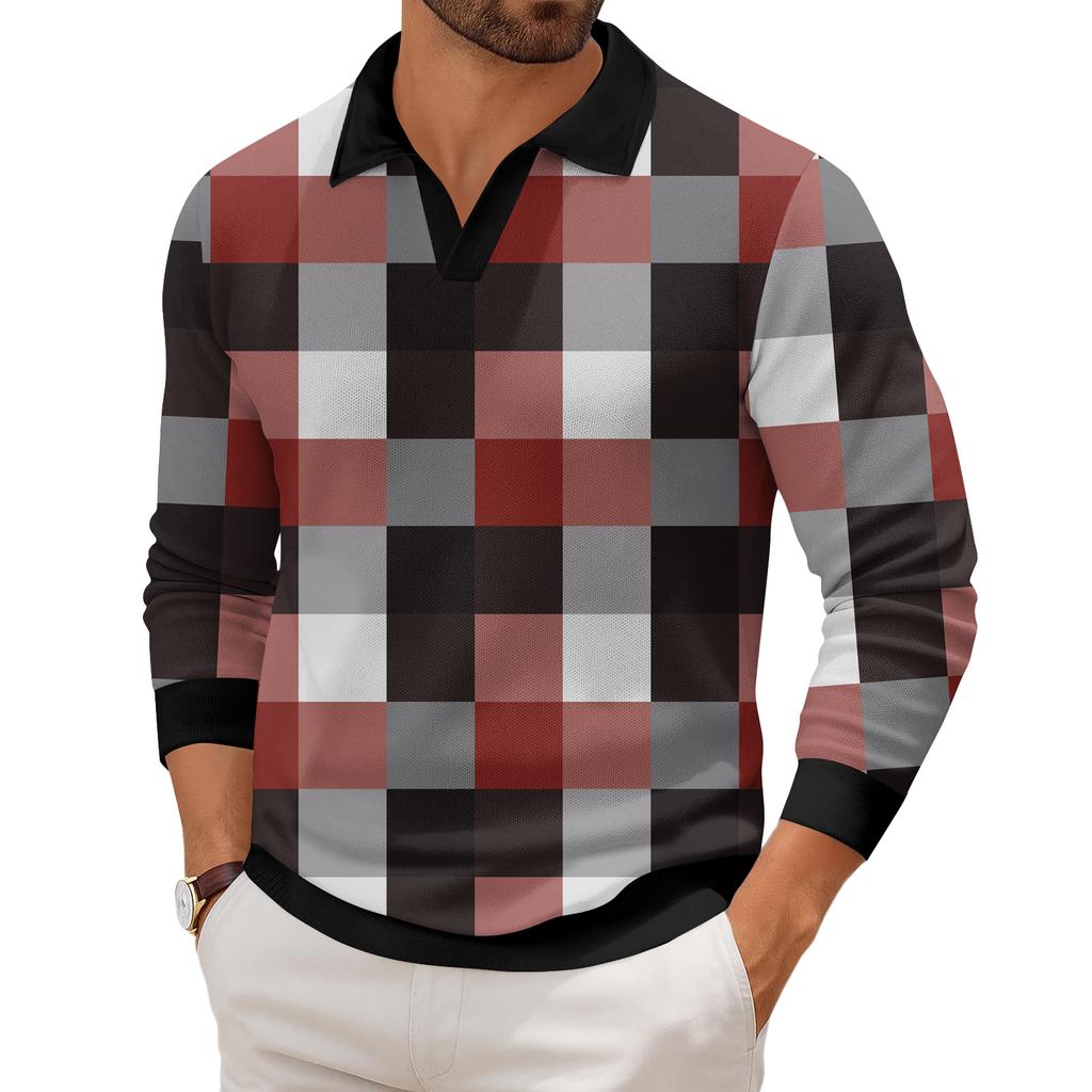 Мужская повседневная модная трикотажная рубашка с длинным рукавом и принтом на лацкане