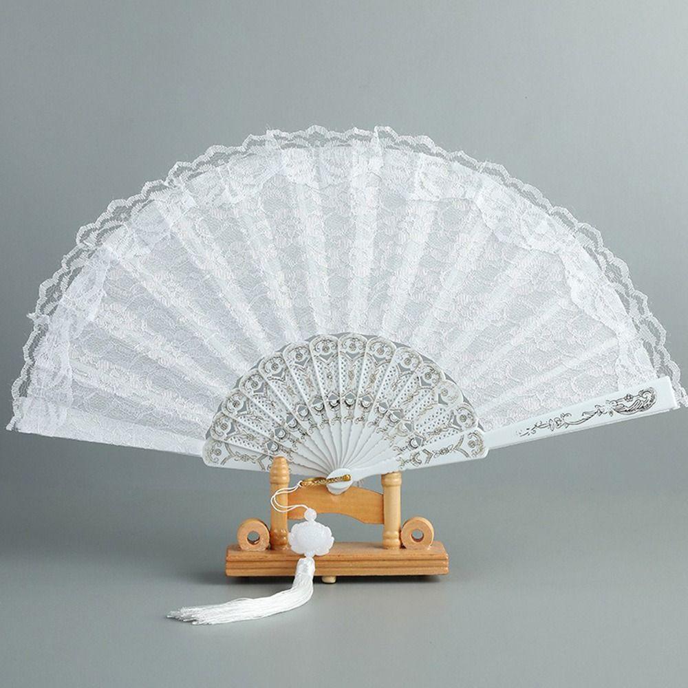 Floral Pattern Folding Fan Tassel Lace Fan Fashion Handheld Fan Photo Props