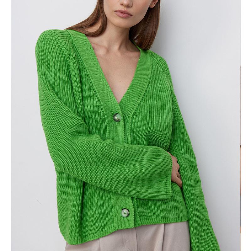 Women V Neck Short Sweater Cardigan Autumn Winter Temperament Bat Sleeve Button Solid Knit Tops