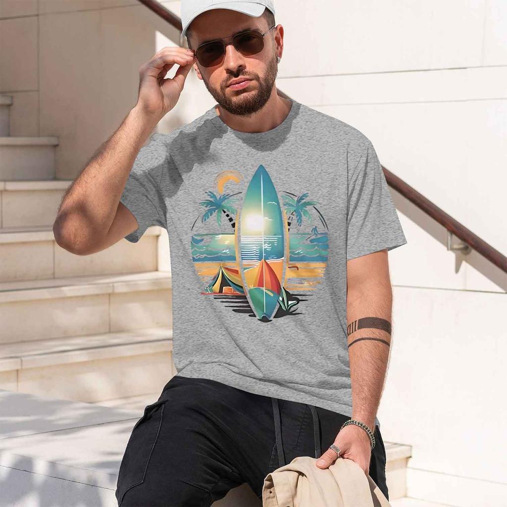 2026 New Model Unisexs Summer Leisure Sports Fitness Loose Coconut Tree And Surfboard Printed Comfortable Breathable Round Neck Sl
