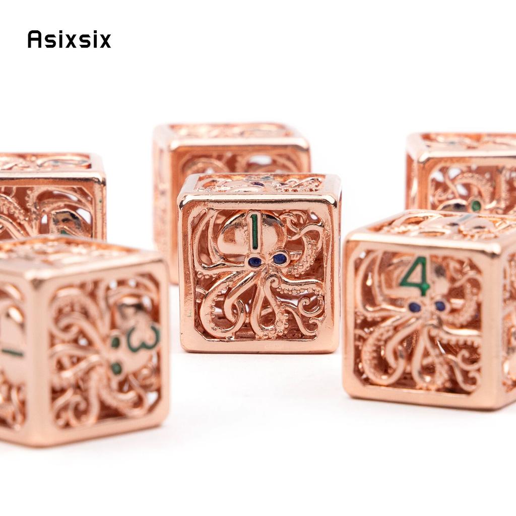 6 Pcs Light Red Squid Metal Dice Hollow Metal Polyhedral Dice Set Suitable for Role-Playing RPG Board Game Card Game