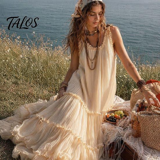 Летнее многоярусное платье-трапеция с оборками Talos для женщин, Бохо пляжное струящееся макси-сарафан, Без рукавов, А-силуэт, Свободное, Длинное