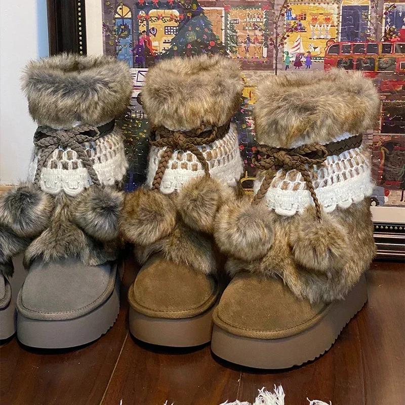 Bow Fur Snow Boots Women Platform Ankle Shoes Winter Suede Flats Warm 2025 New Brand Fashion Sweet Chelsea