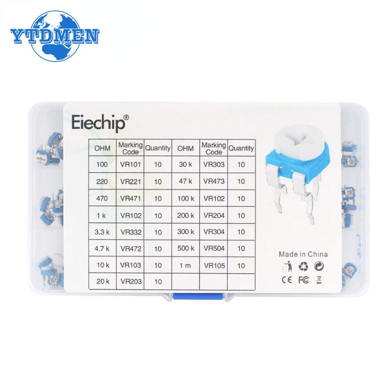 150 шт. RM065 Комплект переменного сопротивления подстроечного потенциометра 100/220/470/1K/3.3K/4.7K/10K/20K/30K/47K/100K/200K/300K/500K/1M Ом
