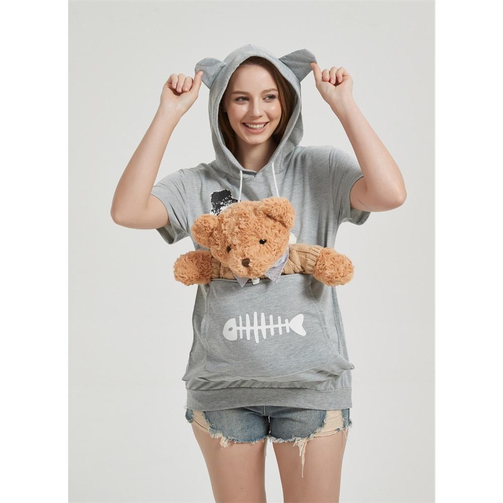 Women's Summer Short-sleeved Large Pocket Cartoon Printed Casual Drawstring Hooded T-shirt