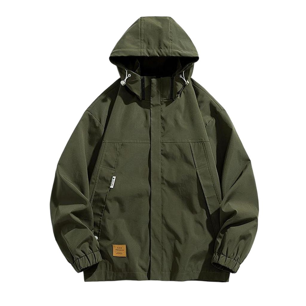 Men's Large Size Trend Casual Top Youth Hooded Everything Loose Jacket Elastic Drawstring Solid Color Windproof Jacket