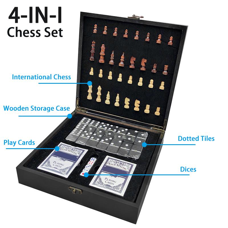 4-IN-1 Chess Set Kids Adults Chess Board Game for Playing Chess Cards Dices Dotted Tiles